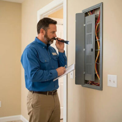 Home inspector evaluating a newly constructed home during an inspection