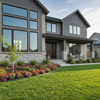 Newly constructed home with modern architecture and landscaped surroundings