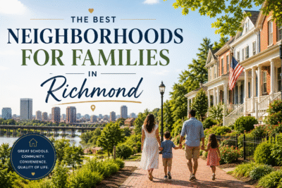 A family of three walking together along a tree-lined Richmond, VA street with the city skyline behind them, on the cover of a guide to the best Richmond neighborhoods for families.