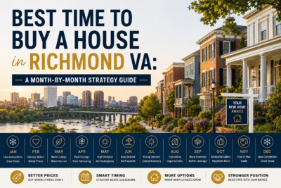 The Richmond, VA skyline and riverfront on the cover of a month-by-month strategy guide to the best time to buy a house in Richmond.