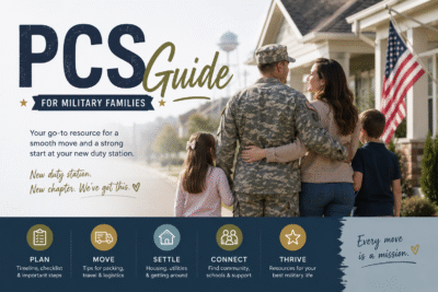 Military family with a service member in camouflage uniform standing in front of a home, featured on the cover of a PCS Guide for military families relocating to Richmond, VA.