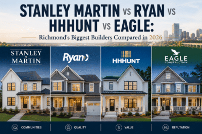 A comparison graphic showing the logos of Richmond homebuilders Stanley Martin, Ryan Homes, HHHunt, and Eagle over photos of new-construction homes, titled "Richmond's Biggest Builders Compared in 2026."