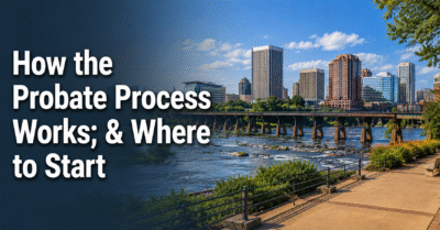 Richmond, Virginia skyline along the James River with text reading, “How the Probate Process Works; & Where to Start.”